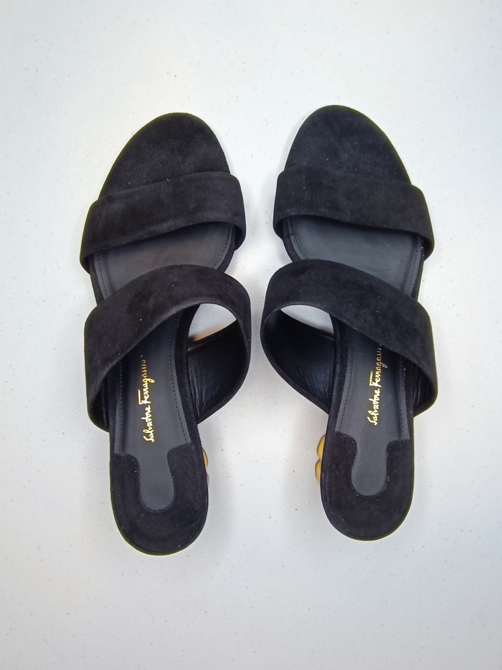 Salvatore Ferragamo Belluno Black Suede Slide Sandals Gold Flower Heel Size 9.5C - Picture 3 of 15
